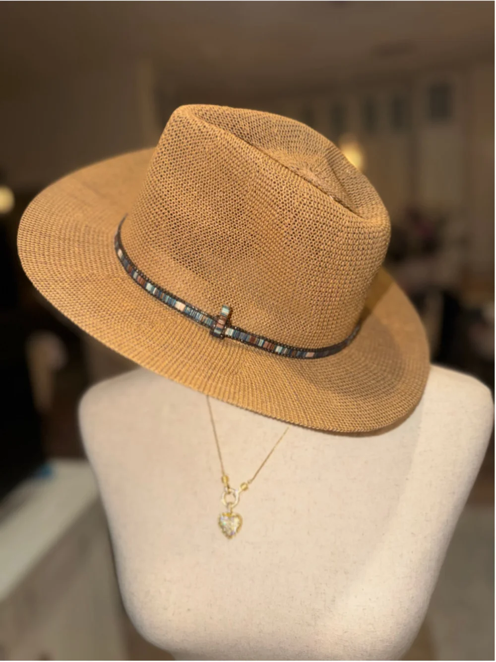 Women's Unbranded Brown Straw Hat with Multicolor Beaded Band, One Size